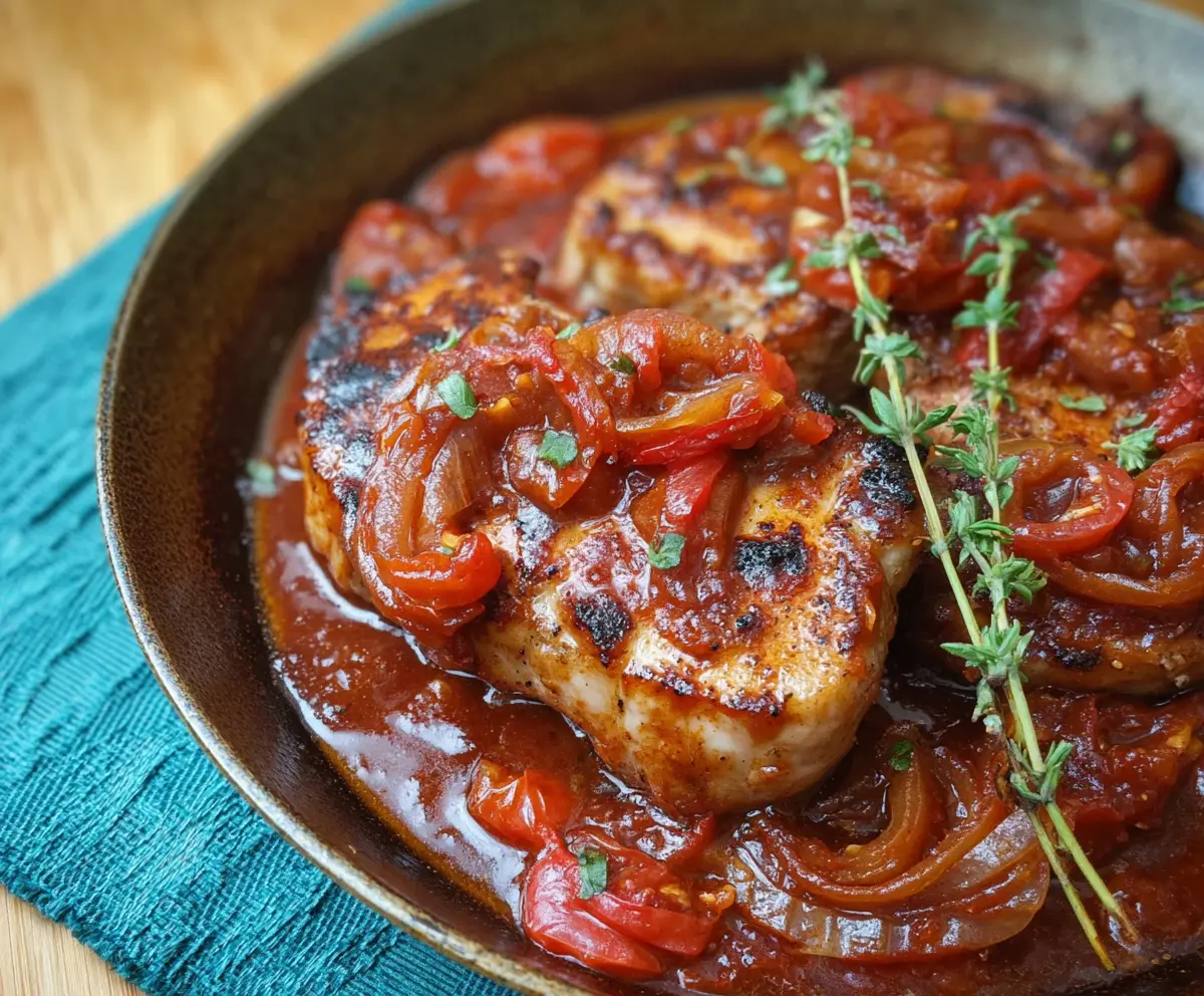 Delicious tomato pork loin chops served with fresh vegetables on a rustic wooden table.