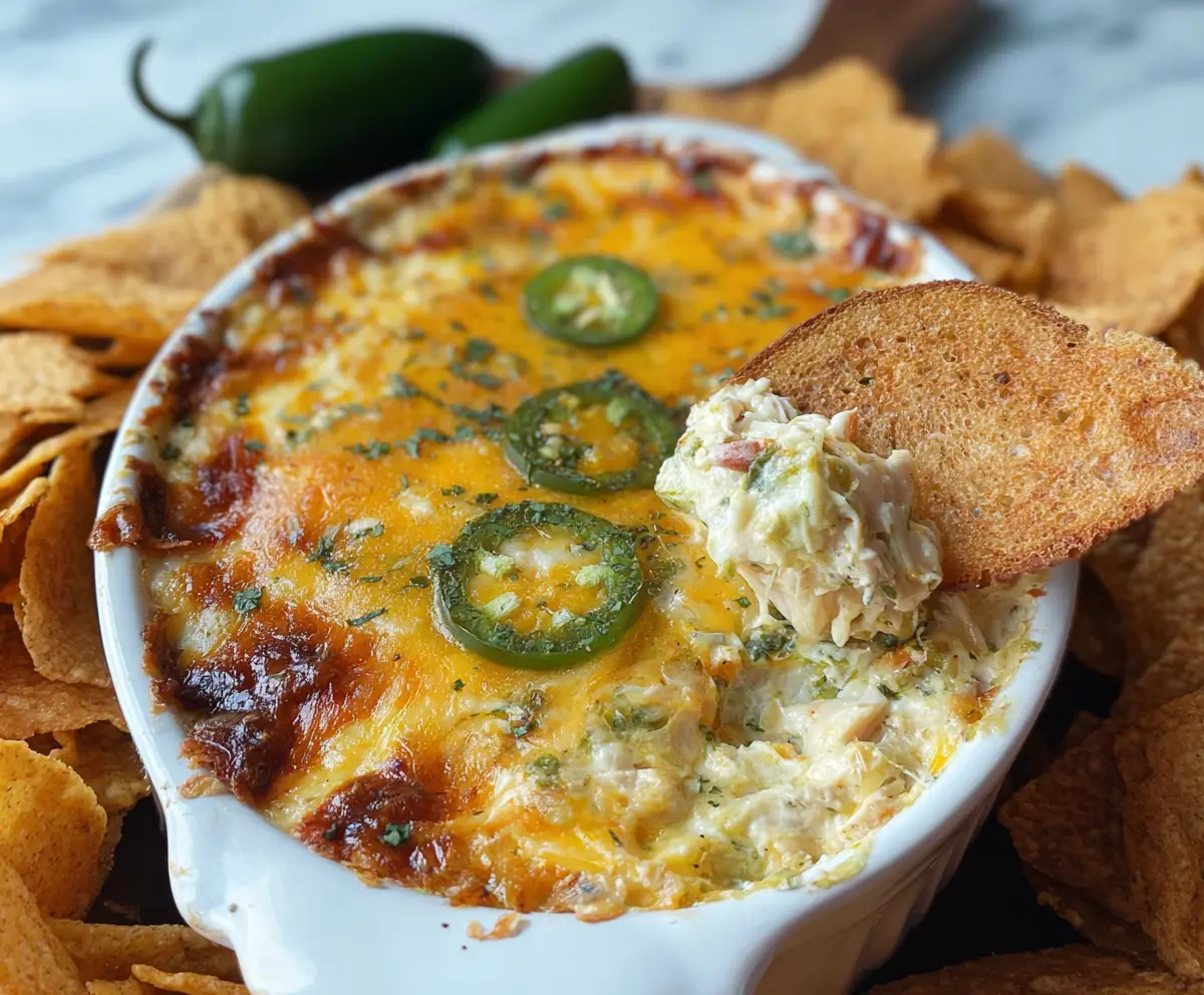 Baked Chuy's Jalapeno Chicken Dip served in a bowl, perfect for parties and gatherings.