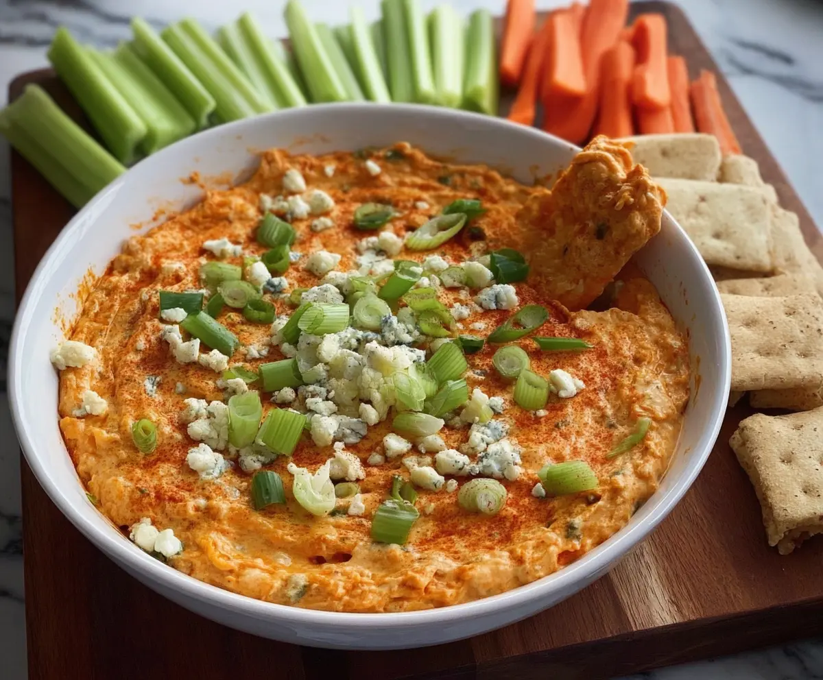 Creamy buffalo cauliflower dip served with fresh vegetables, perfect for parties and game day snacks.