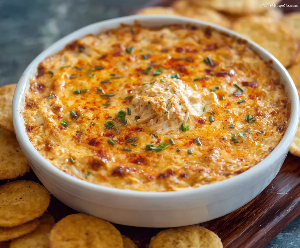 Creamy cheesy hot crab dip served with fresh bread for a delicious appetizer.