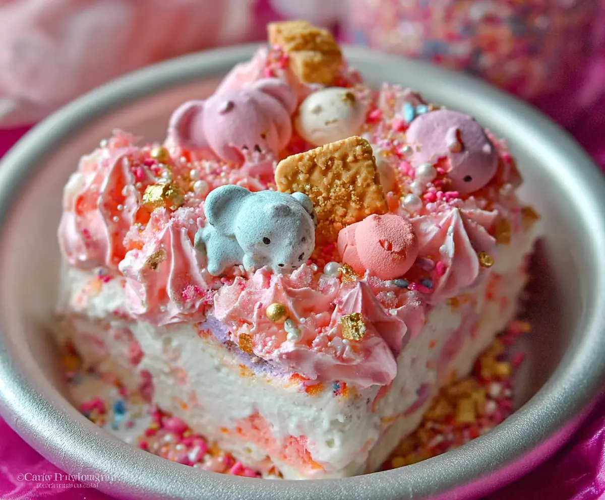 Delicious Circus Animal Cookie Lush dessert with colorful cookies and creamy layers.