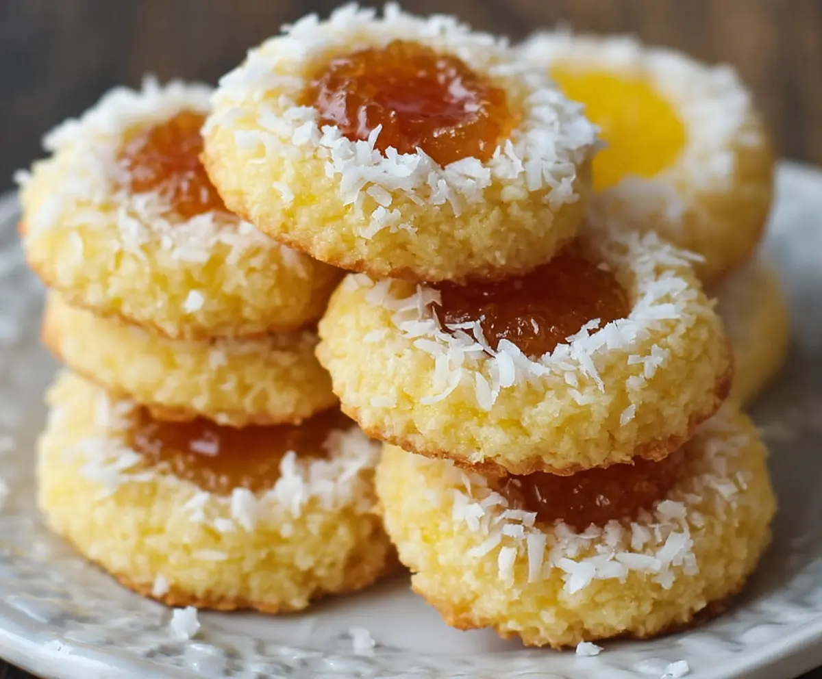 Delicious Hawaiian pineapple coconut thumbprint cookies with golden-brown crust and pineapple filling