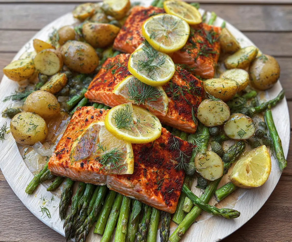 Grilled Lemon Dill Cedar Plank Salmon with Potatoes and Asparagus