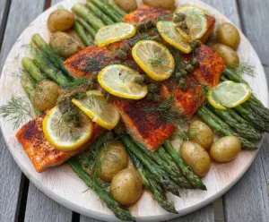 Delicious grilled lemon dill cedar plank salmon served with crispy potatoes and fresh asparagus.