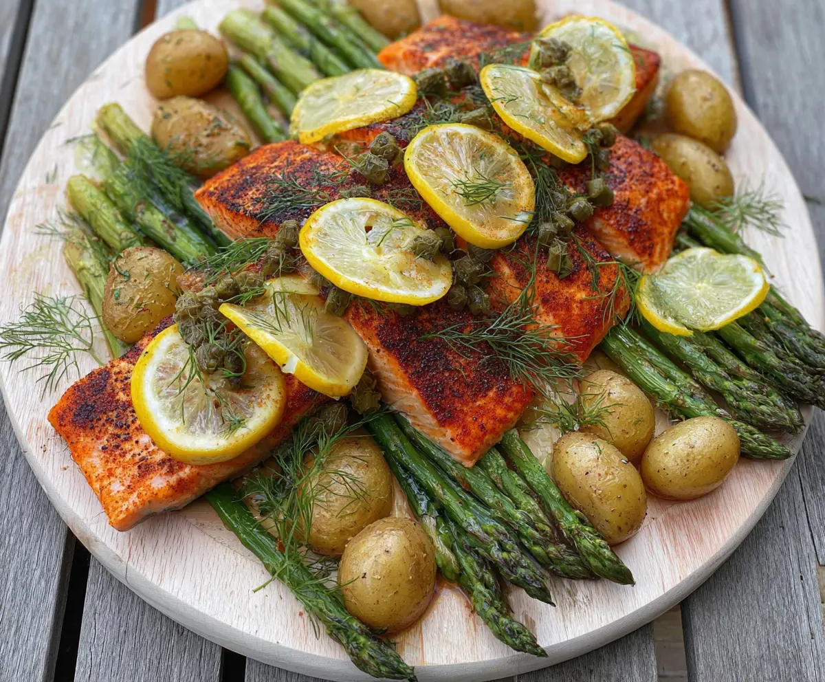 Delicious grilled lemon dill cedar plank salmon served with crispy potatoes and fresh asparagus.