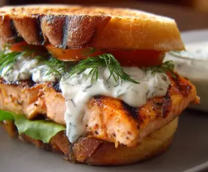 Delicious grilled salmon sandwich topped with fresh dill sauce on a rustic bread bun.