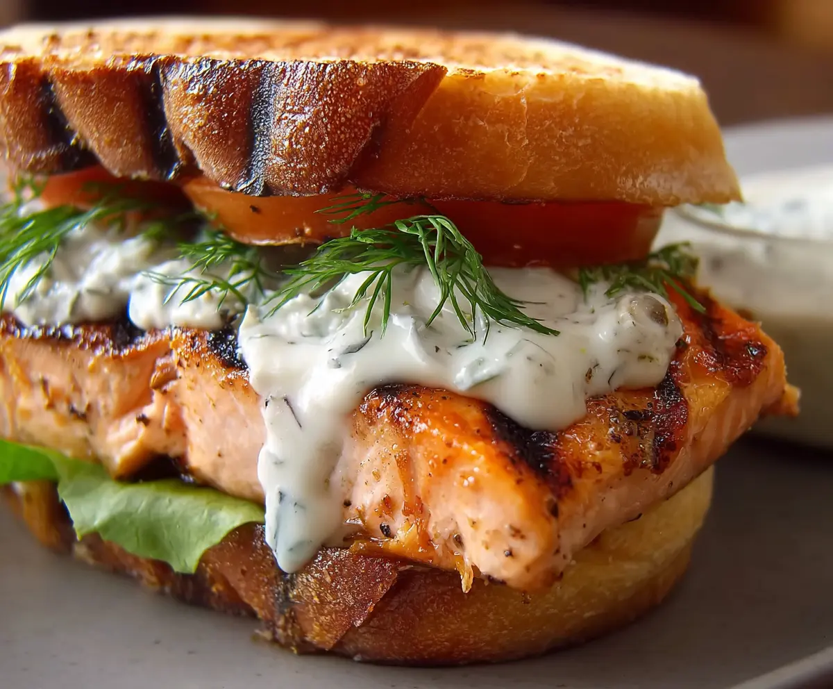 Delicious grilled salmon sandwich topped with fresh dill sauce on a rustic bread bun.