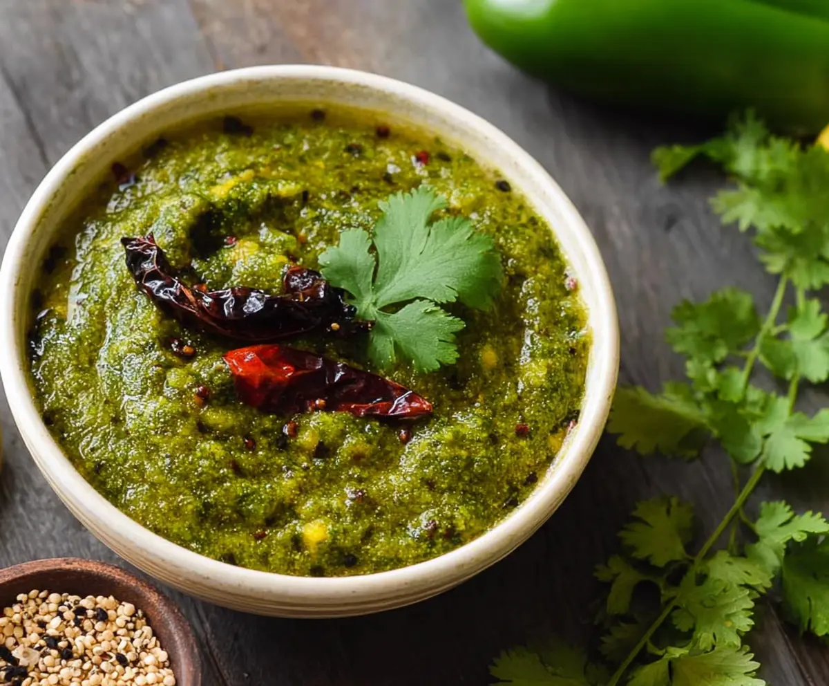 Delicious Moringa Mango Chutney in a glass bowl with fresh ingredients around