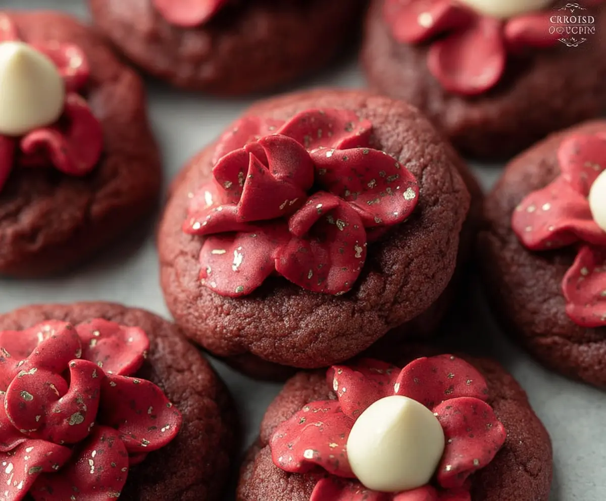 Delicious Red Velvet Blossom Cookies topped with chocolate Kiss candies on a rustic wooden surface.