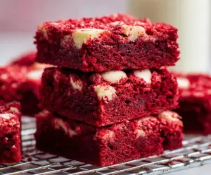 Delicious red velvet brownies with a rich chocolate swirl on a rustic wooden surface.