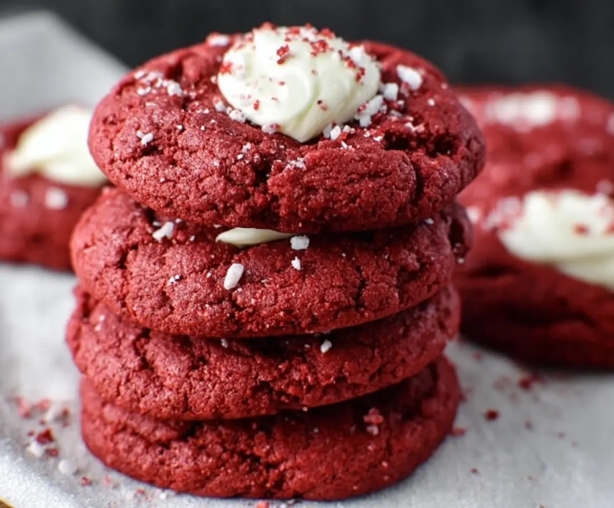 Delicious red velvet cake mix cookies on a white plate, showcasing their soft texture and vibrant color.