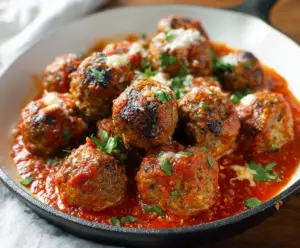 Delicious homemade ricotta meatballs served with marinara sauce on a rustic plate.