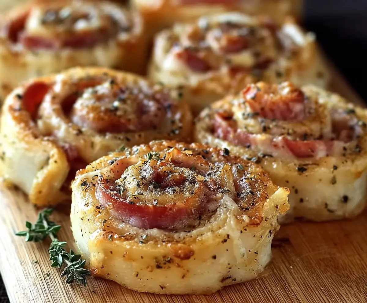 Delicious savory ham and cheese pinwheels fresh out of the oven, perfect for appetizers or snacks.
