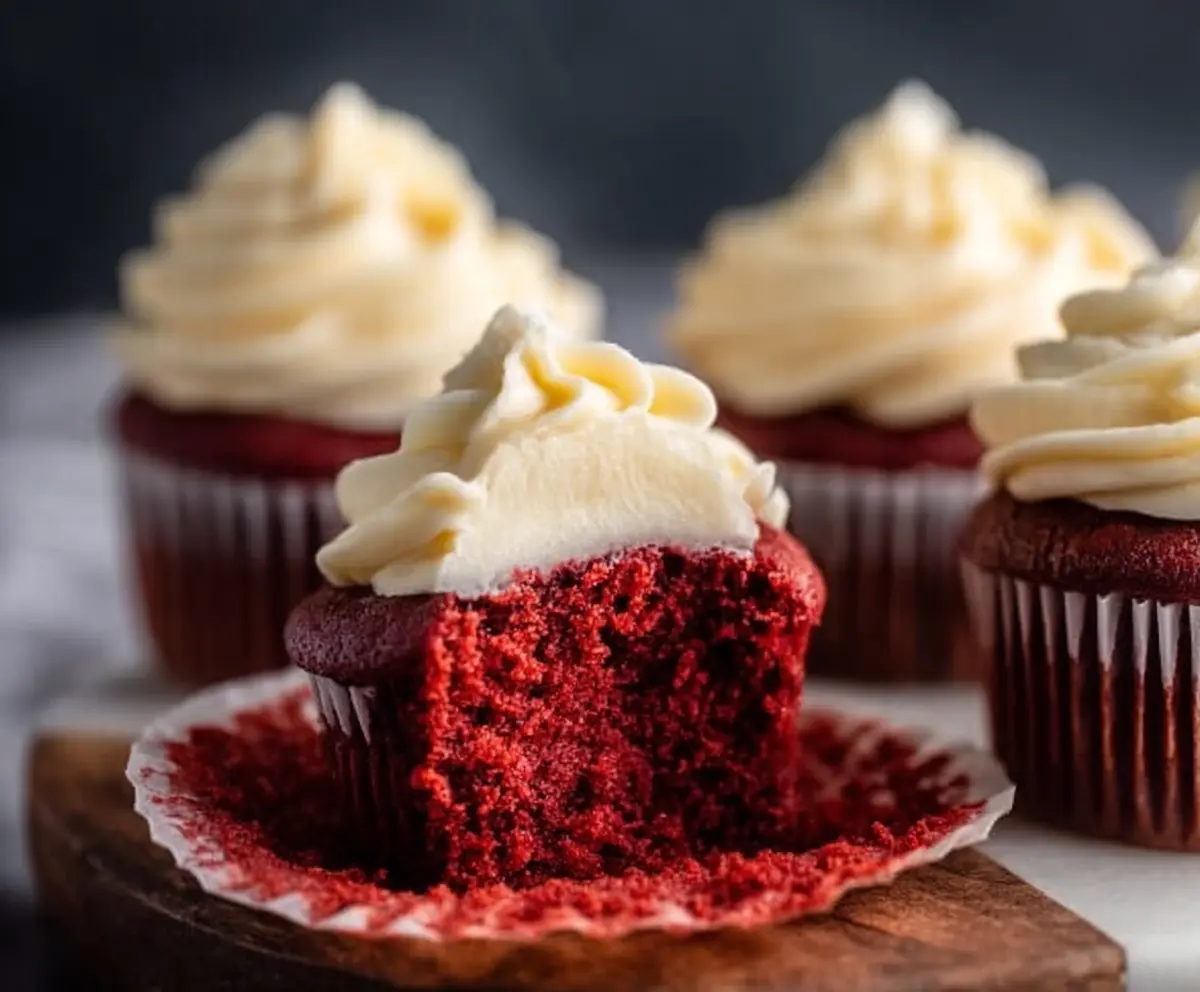 Delicious small batch red velvet cupcakes with creamy frosting on a decorative plate.