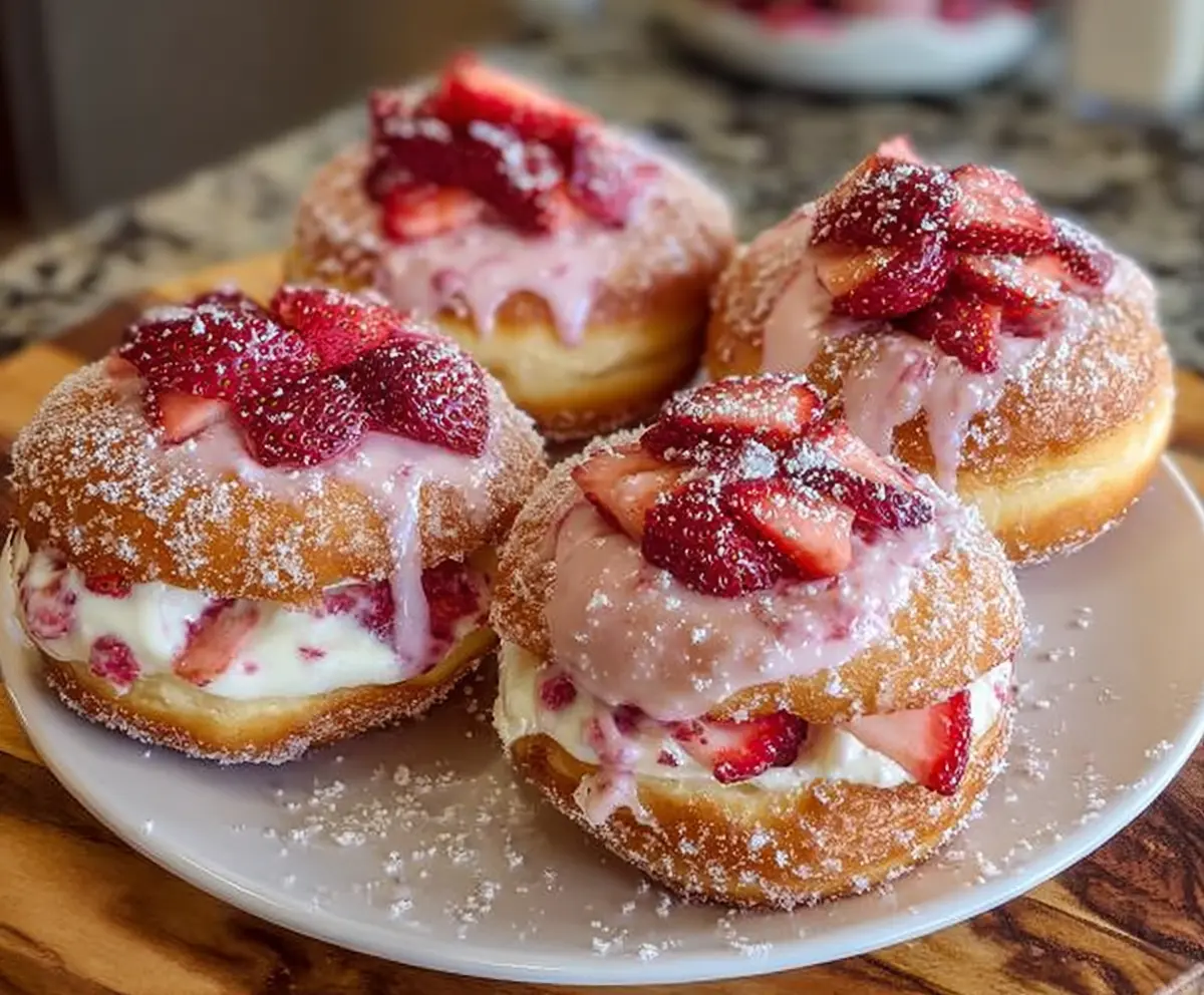 Delicious strawberry cheesecake stuffed donuts with fresh strawberries and creamy filling.