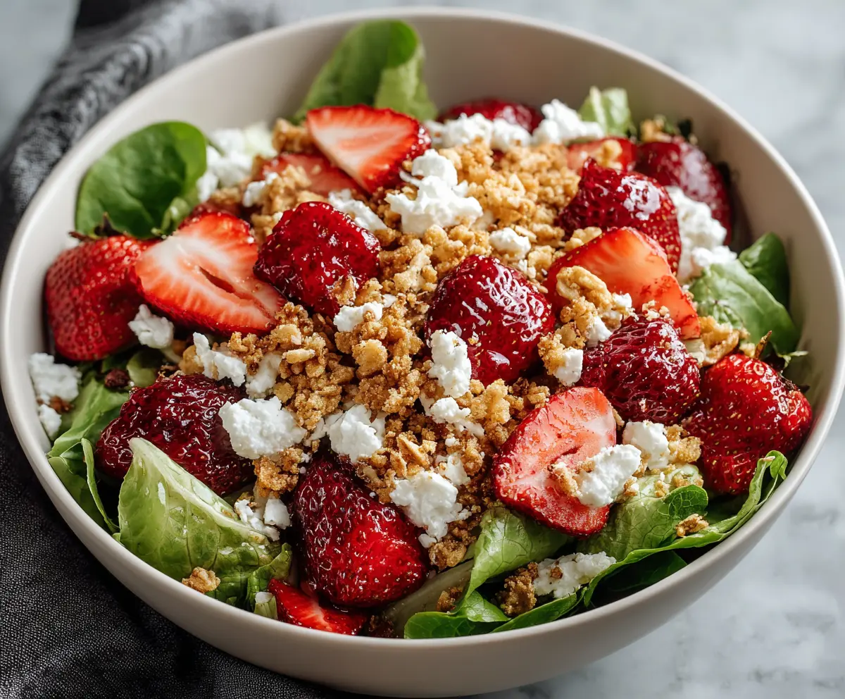 Refreshing Strawberry Crunch Salad with fresh strawberries, crunchy topping, and creamy dressing ready to serve.