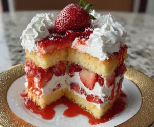 Delicious strawberry shortcake layered with fresh strawberries and whipped cream.