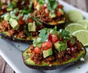 Delicious stuffed avocado taco boats filled with fresh ingredients and vibrant flavors.