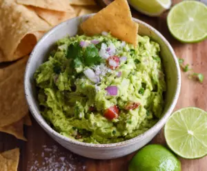 Creamy homemade guacamole with ripe avocados, tomatoes, and fresh cilantro served in a rustic bowl.