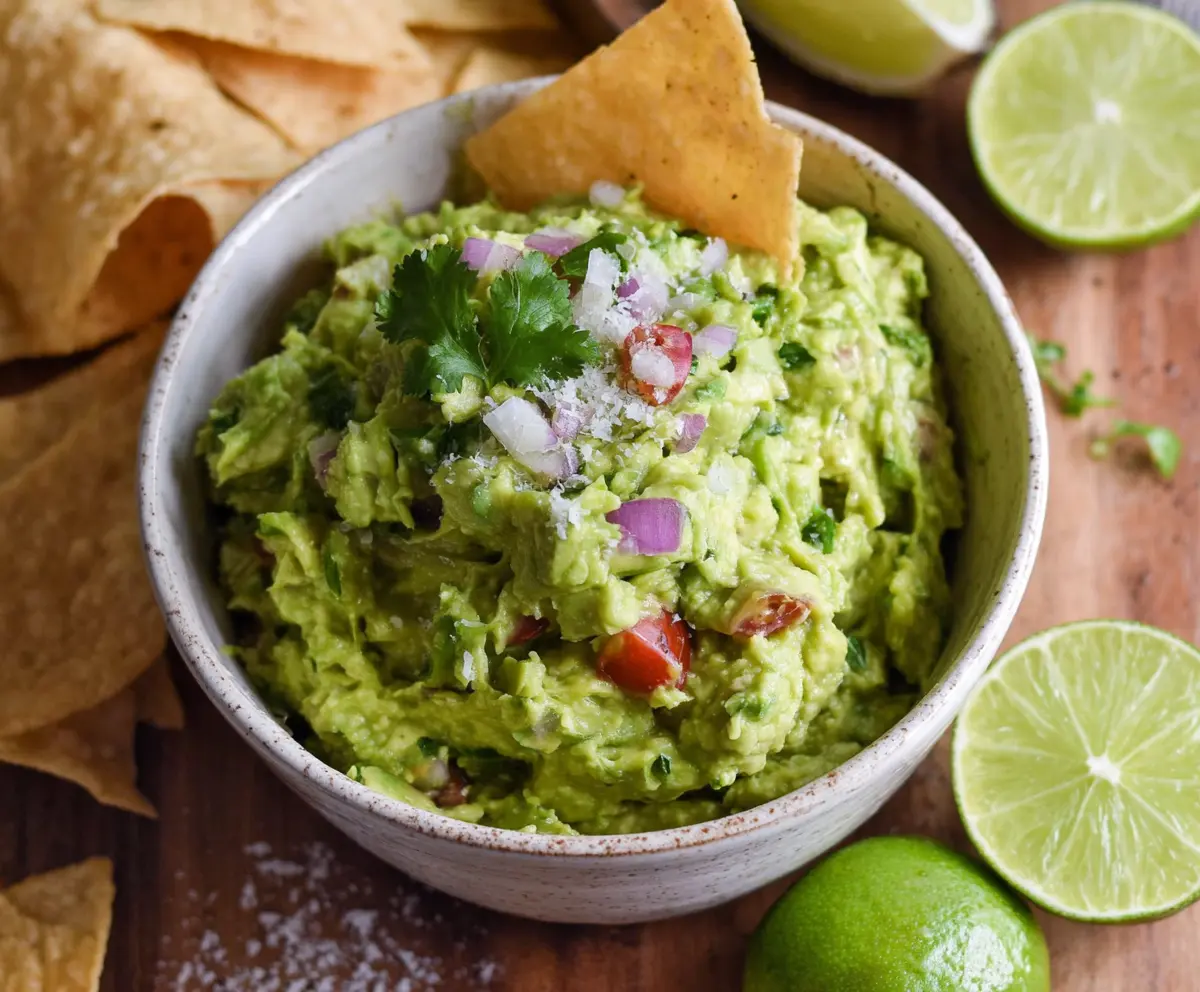 Creamy homemade guacamole with ripe avocados, tomatoes, and fresh cilantro served in a rustic bowl.