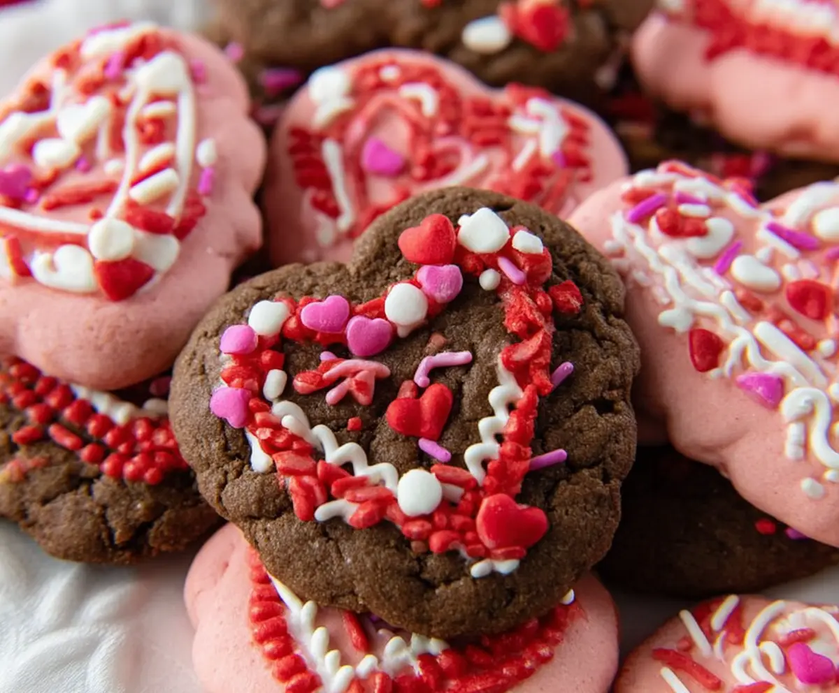 Decorative Valentine Cookies with red and pink icing and hearts for romantic celebration