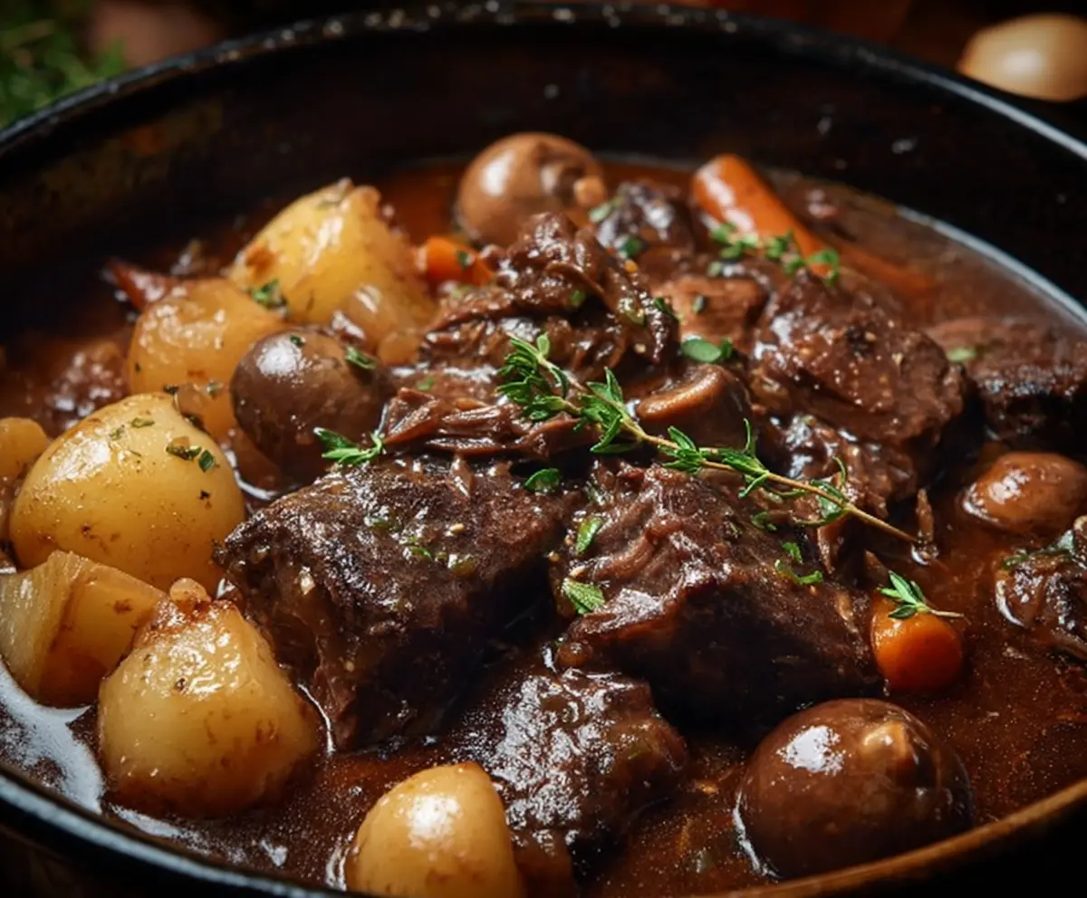 Delicious Beef Bourguignon with tender beef, mushrooms, and carrots in a rich red wine sauce.