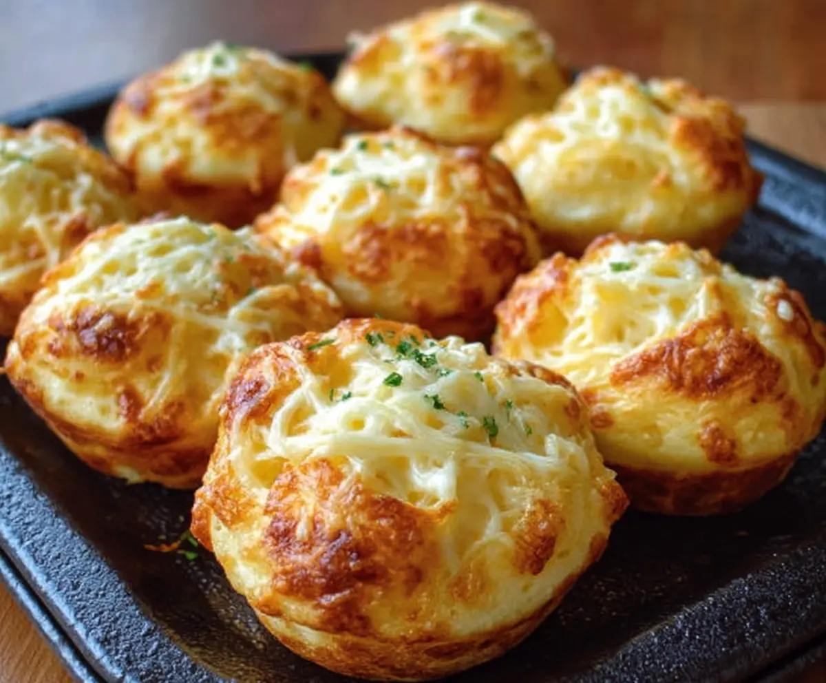 Golden Creamy Potato Puffs filled with melted cheese served on a rustic plate.
