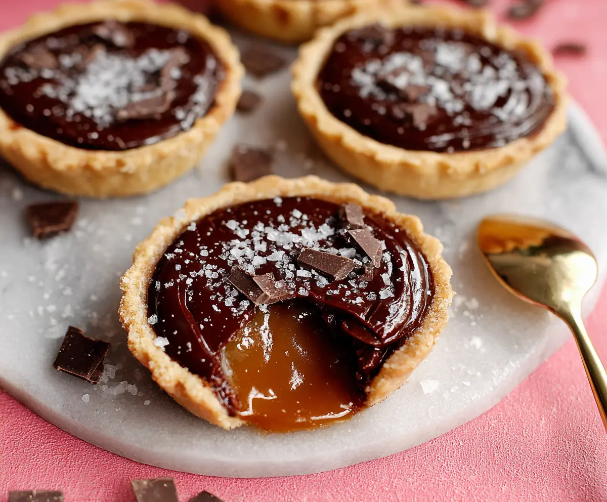 Delicious gluten-free dark chocolate caramel tart garnished with sea salt on a white plate.