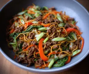 Delicious Ground Beef Chow Mein prepared in accordance with Whole30 guidelines, showcasing healthy stir-fried noodles and fresh vegetables.