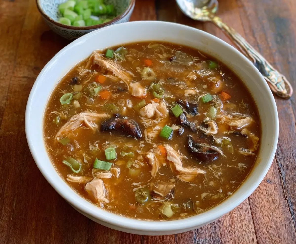 Delicious homemade Instant Pot Hot and Sour Chicken Soup with fresh vegetables and tender chicken.