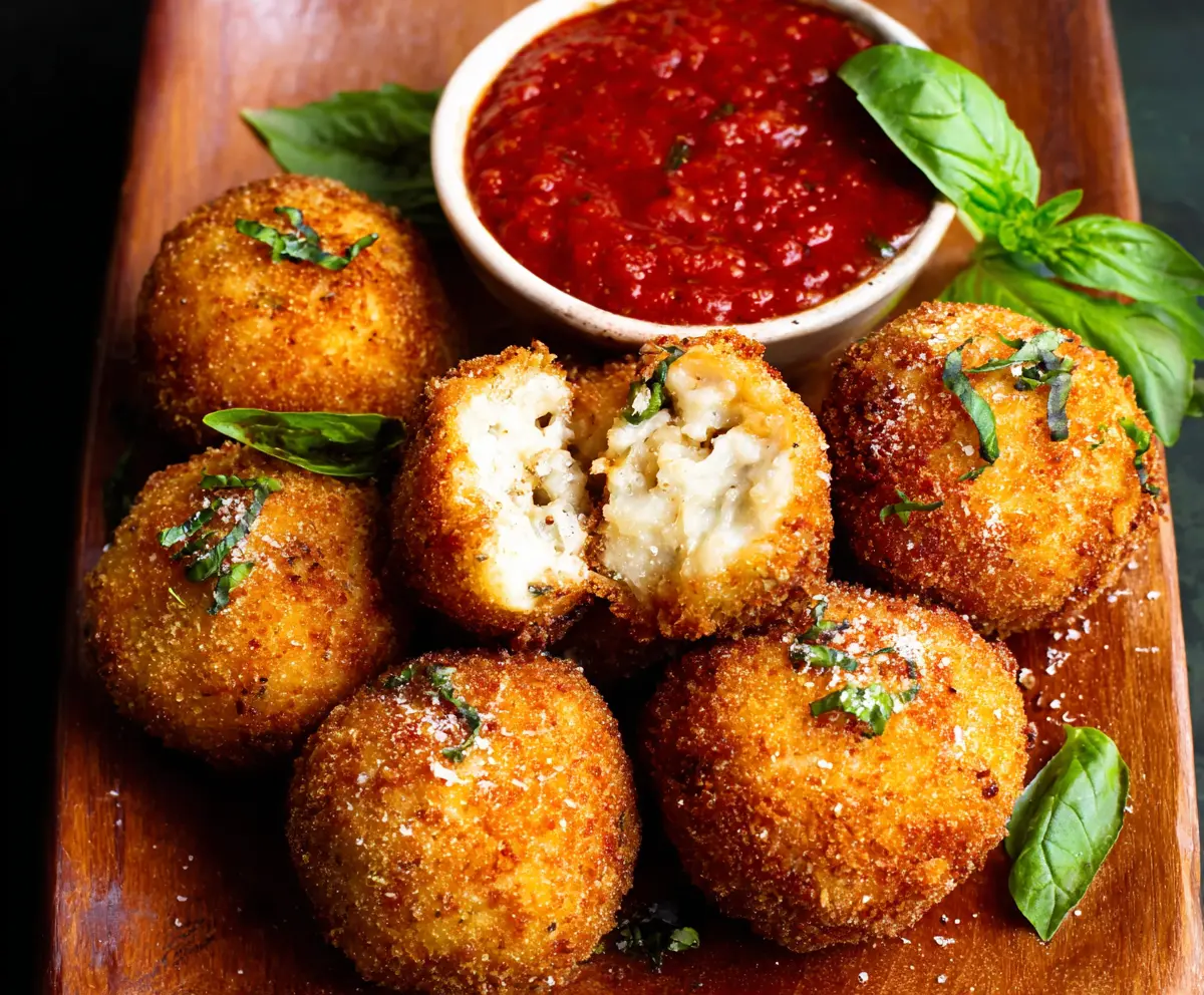 Delicious Italian Rice Balls garnished with fresh herbs on a rustic plate.