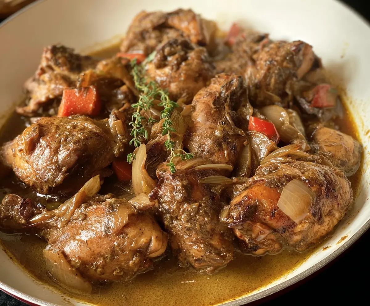 Delicious Jamaican Fricassee Chicken served with rice and vegetables, showcasing vibrant spices and crispy exterior.
