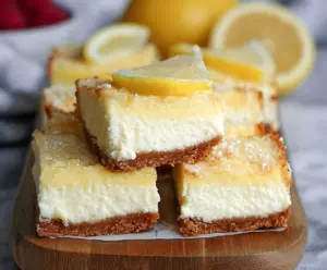Delicious Keto Lemon Cheesecake Bars with a creamy lemon topping and a buttery crust
