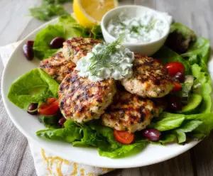 Mediterranean-inspired chicken patties served with fresh tzatziki sauce on a plate.