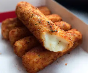 Crispy mozzarella sticks served with marinara sauce, perfect for snack time or appetizers.