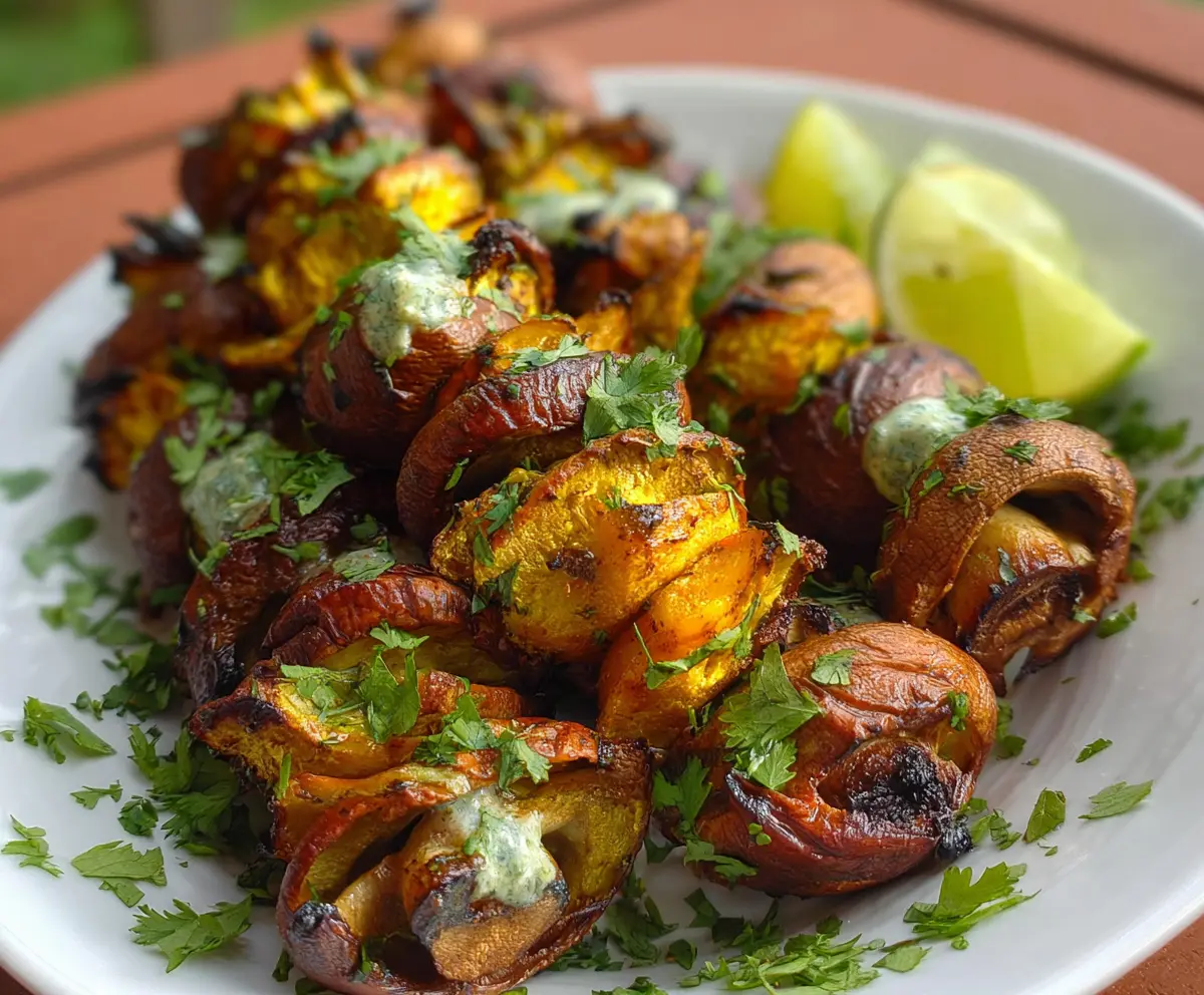 Delicious mushroom tikka skewers marinated with spices and grilled to perfection.