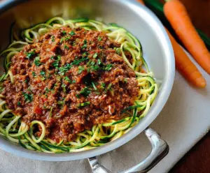 Nightshade-free beef ragu served over zucchini noodles, a healthy low-carb dinner option.