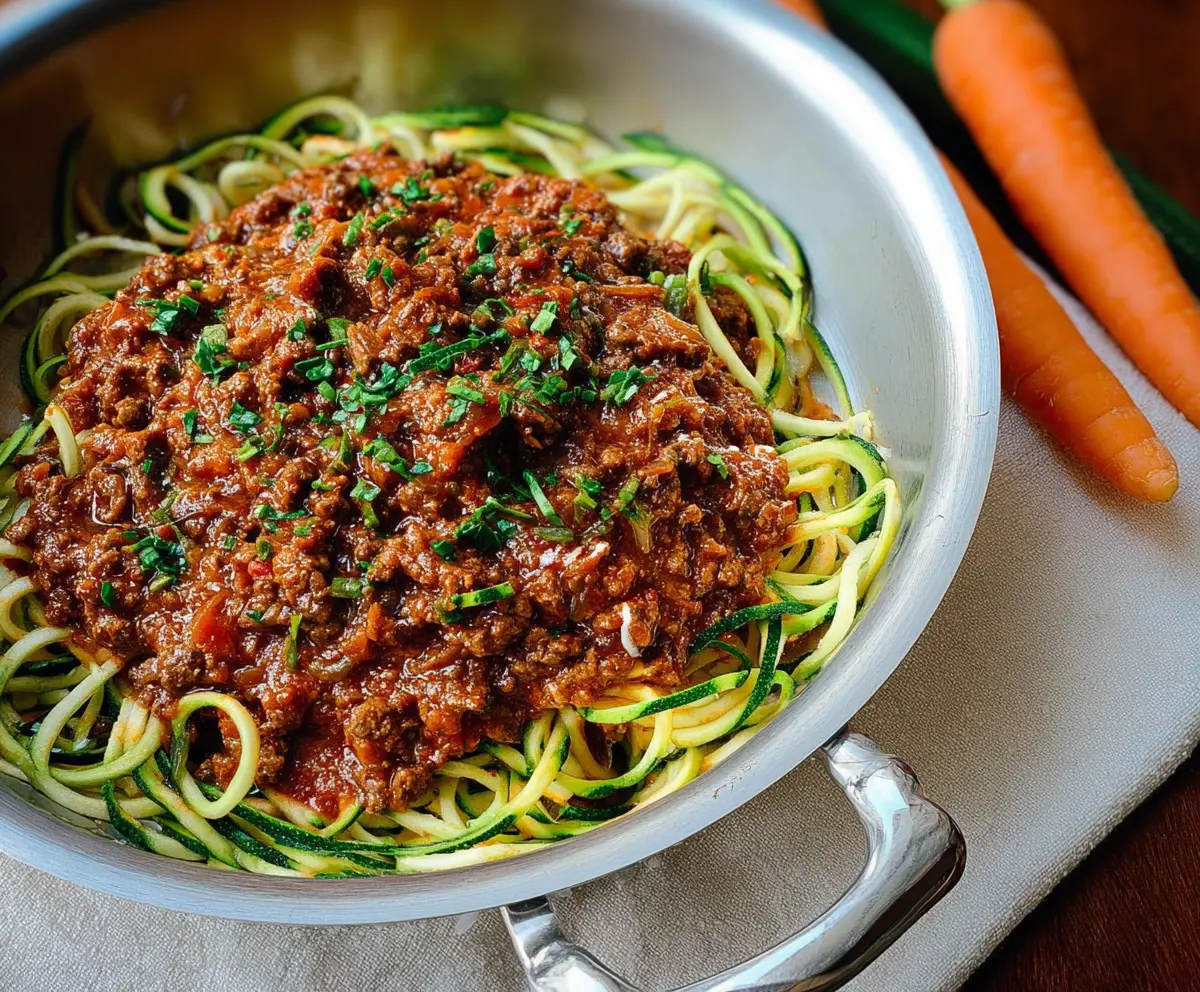 Nightshade-free beef ragu served over zucchini noodles, a healthy low-carb dinner option.