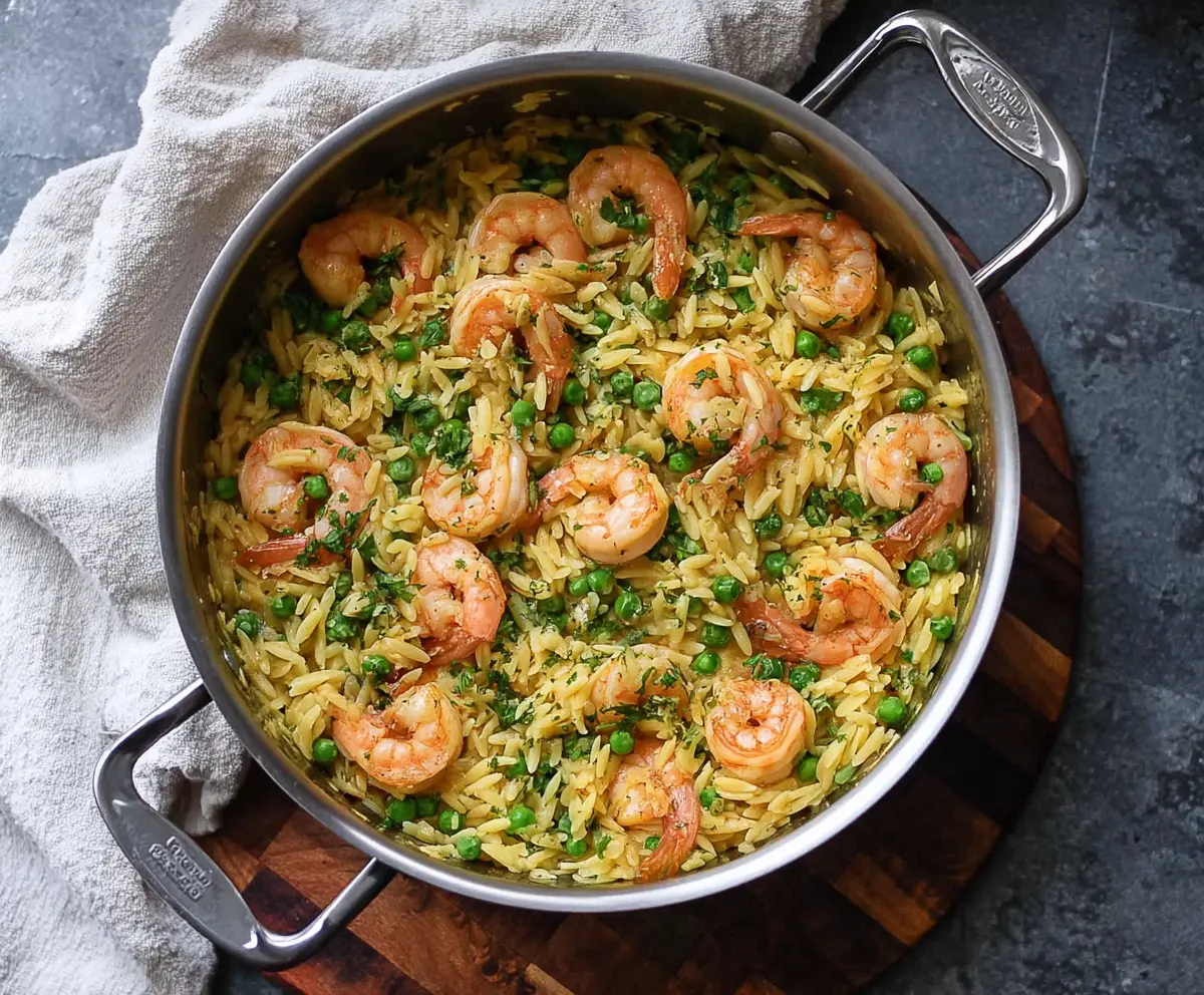 One Pot Pea + Shrimp Orzo