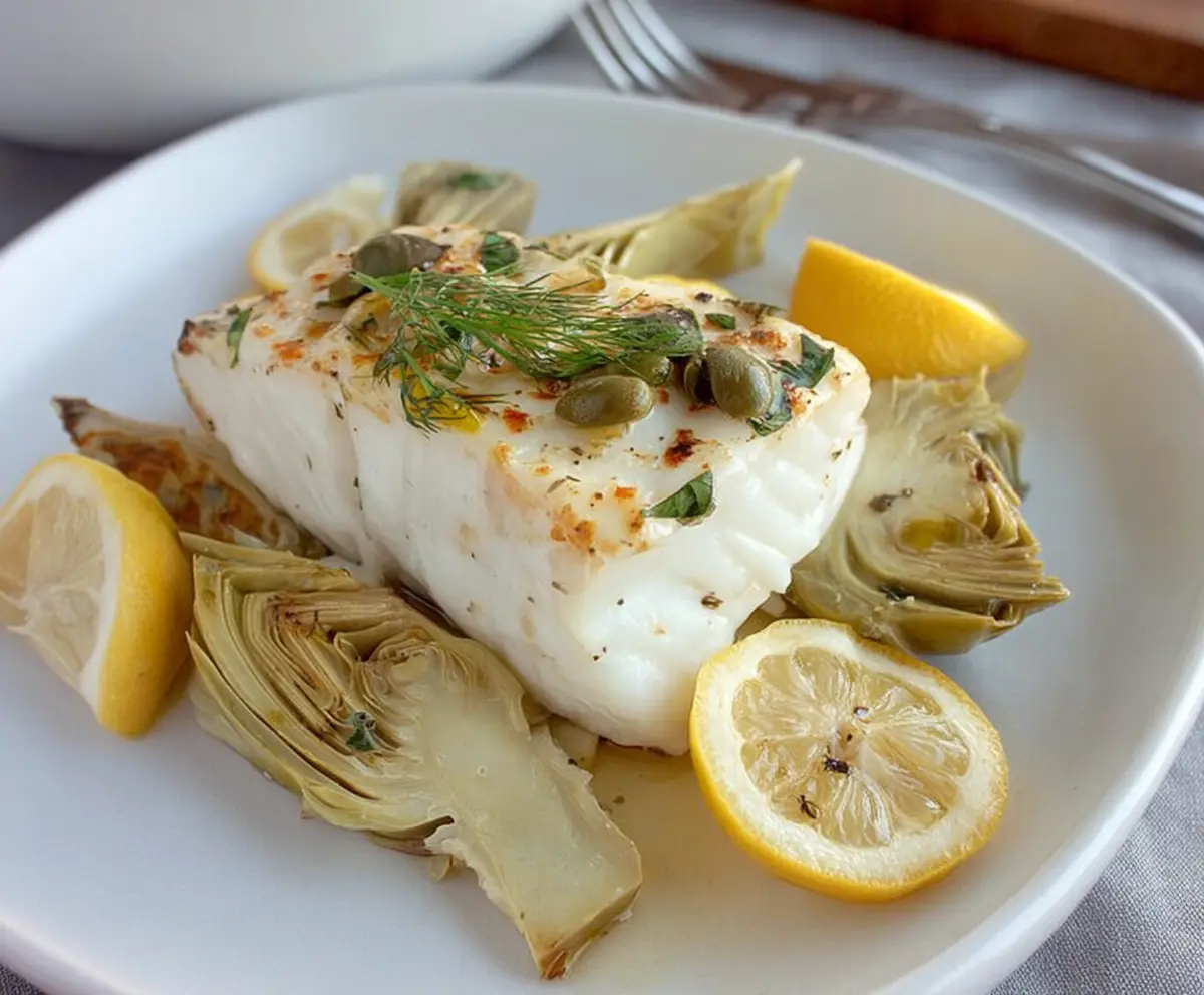 Delicious roasted halibut with artichokes and lemon served on a plate