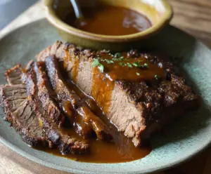 Juicy slow cooker brisket seasoned and cooked to perfection with tender meat and flavorful gravy.