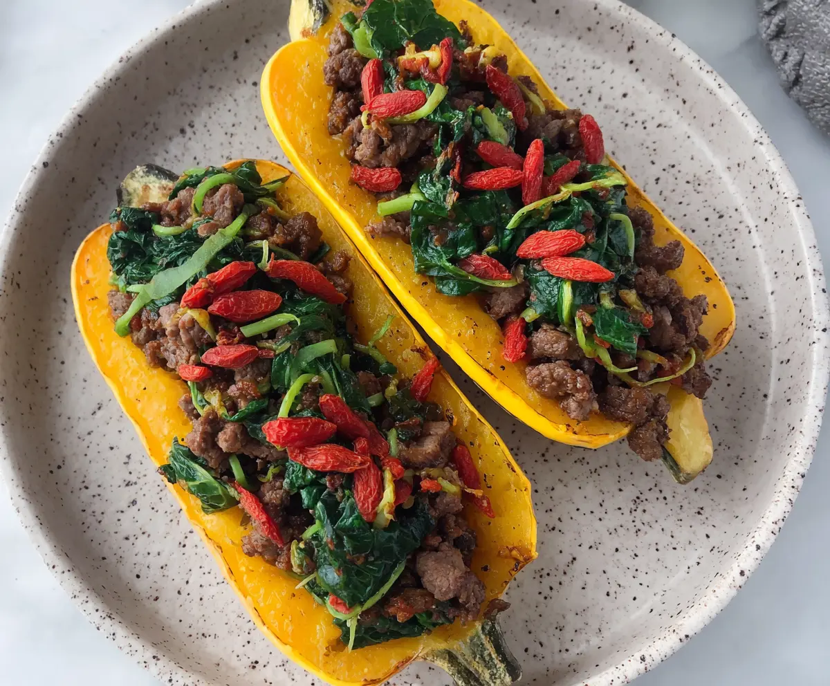 Stuffed Delicata Squash with Venison, Goji Berries & Spinach