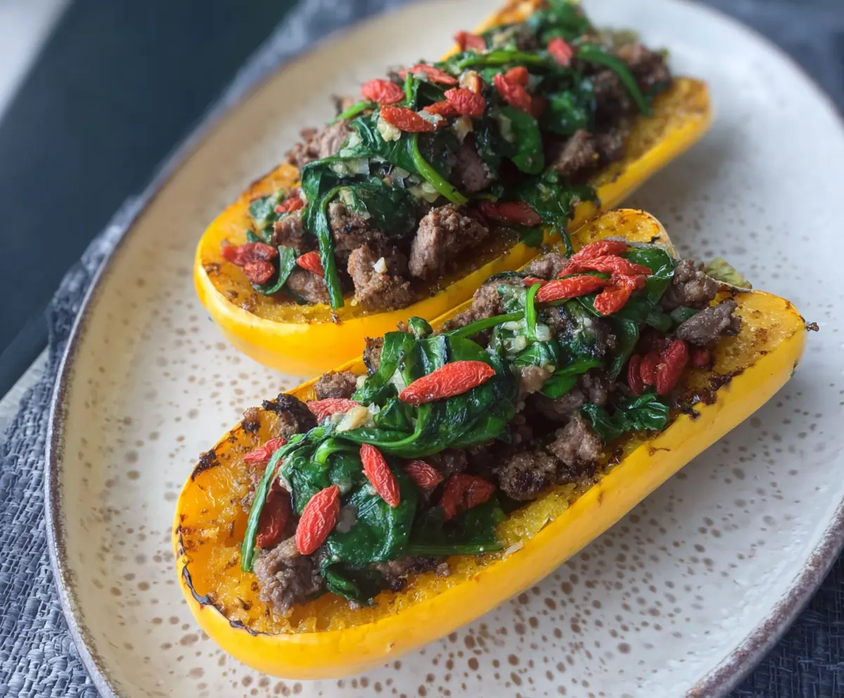 Delicata squash stuffed with venison, goji berries, and spinach, served as a wholesome, savory dish.