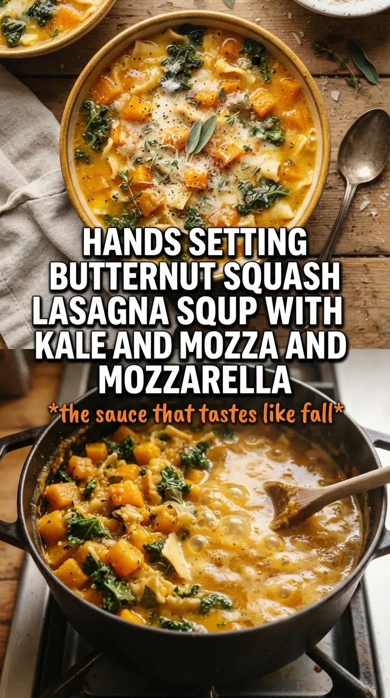 butternut squash lasagna soup with kale and mozzarella, creamy, cozy, hearty
