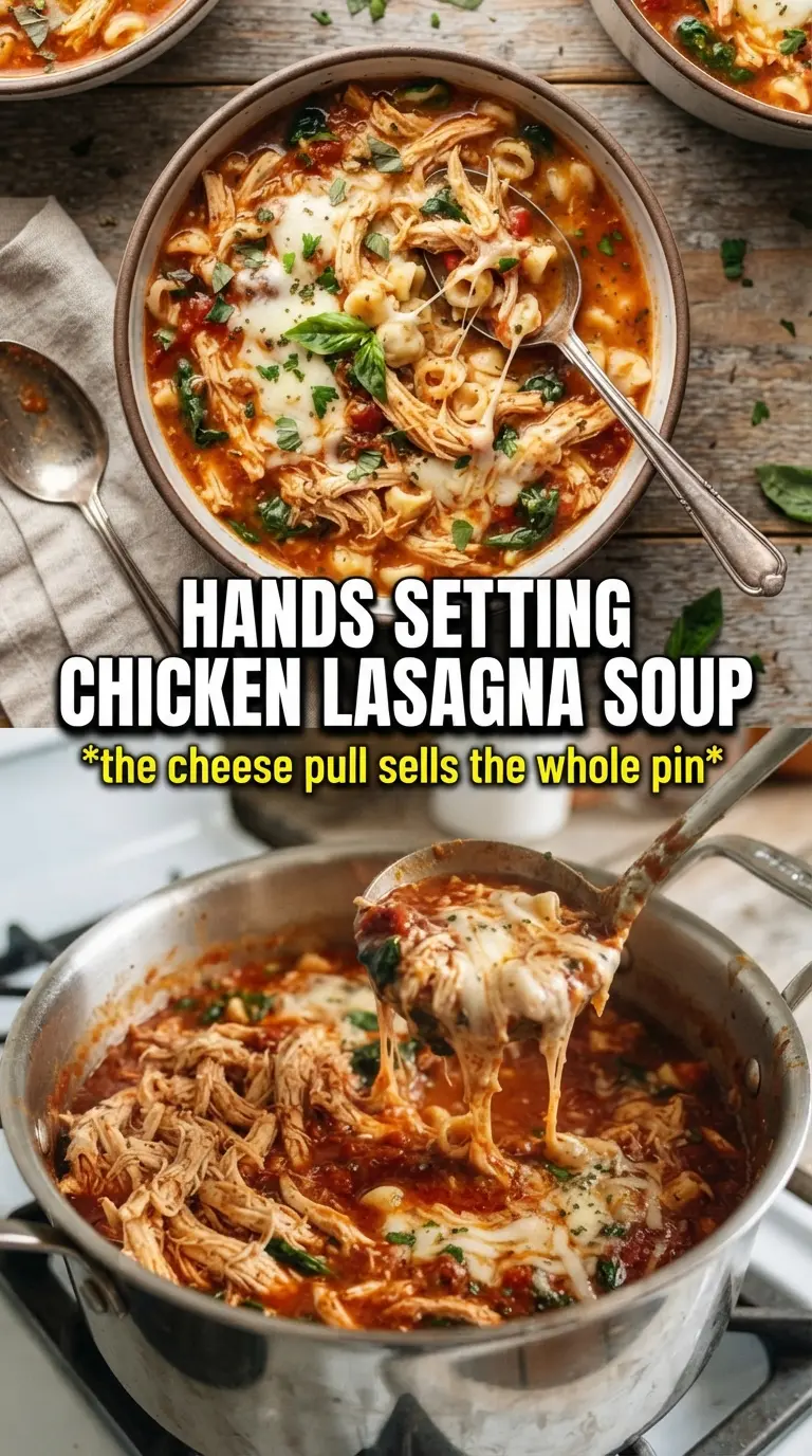 Chicken Lasagna Soup with rich tomato broth, melty cheese, and broken noodles