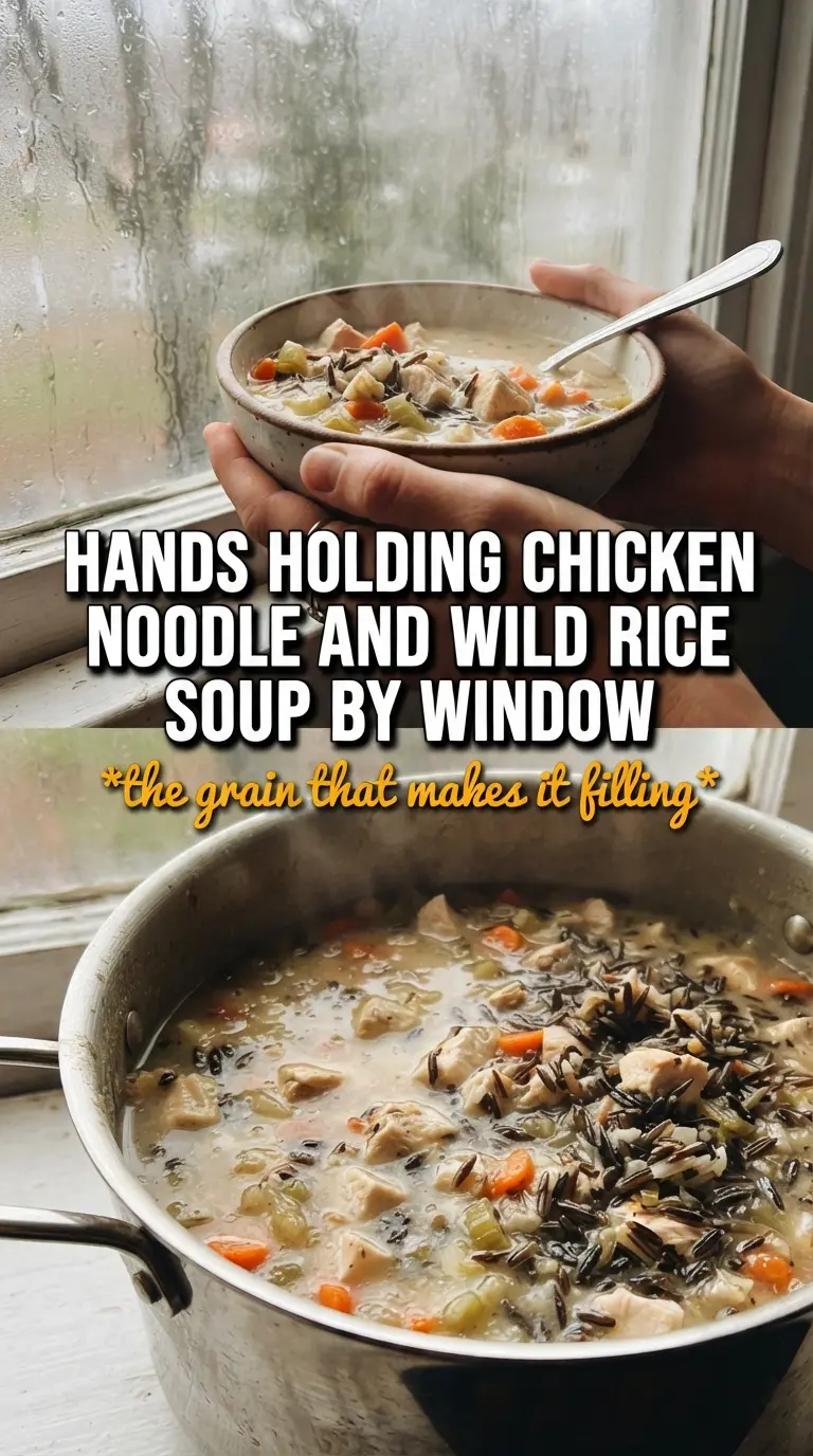 Chicken noodle and wild rice soup creamy golden, hearty, comforting