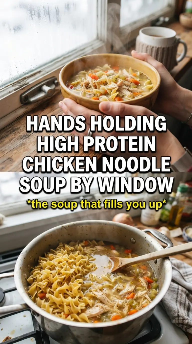 High Protein Chicken Noodle Soup clear broth, chickpeas, egg noodles