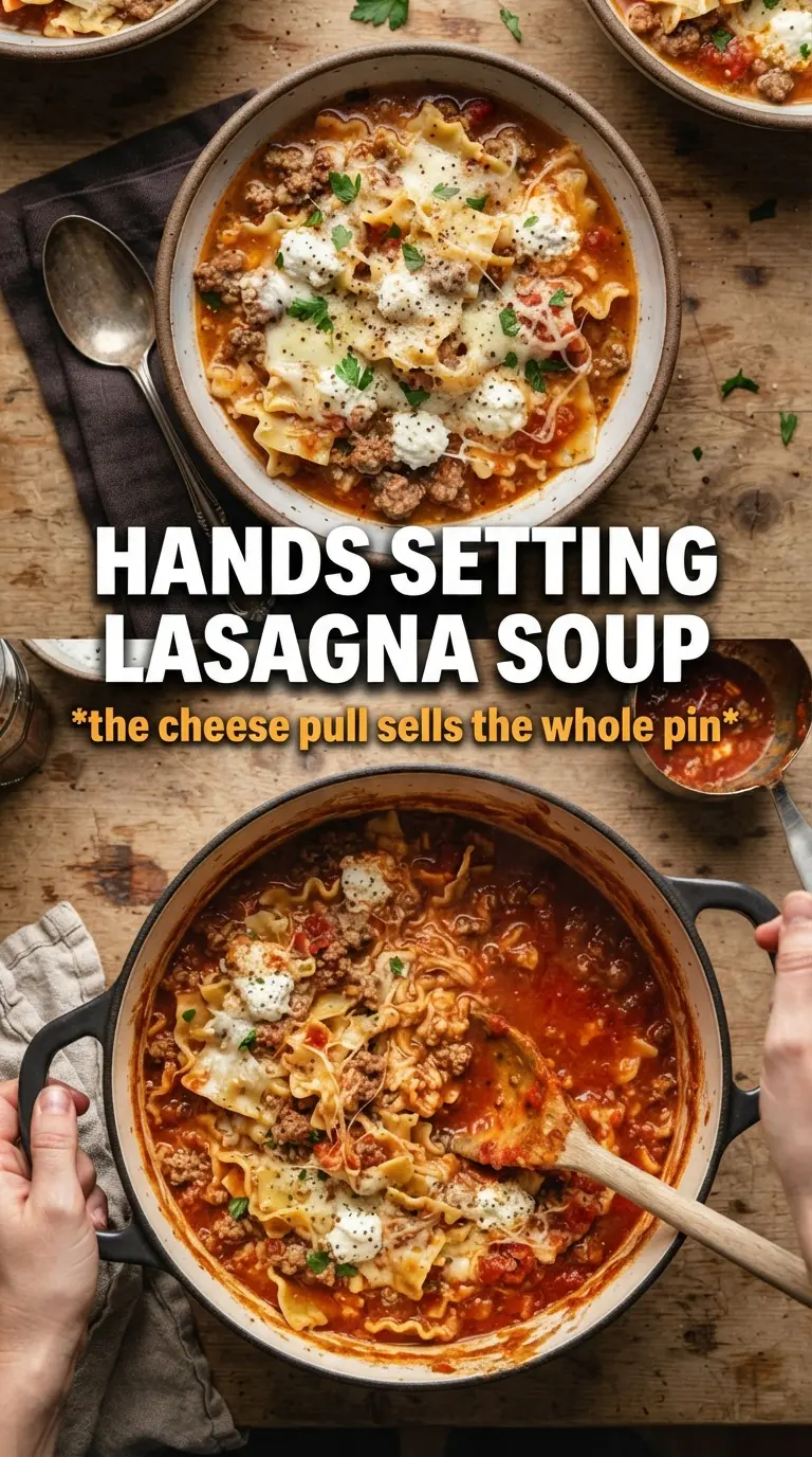 Lasagna soup rich tomato broth, melted cheese, hearty