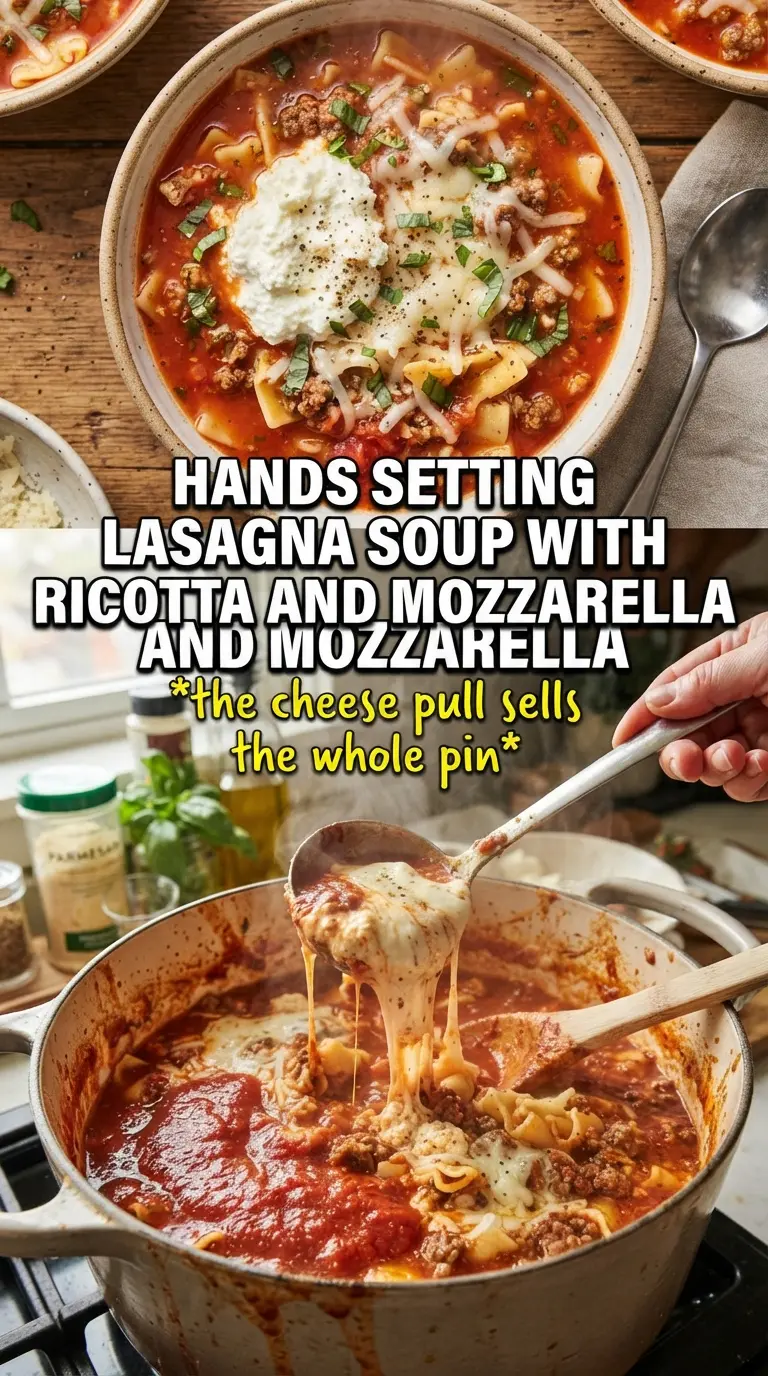 Lasagna soup with ricotta and mozzarella, cheesy, comforting, tomato-rich