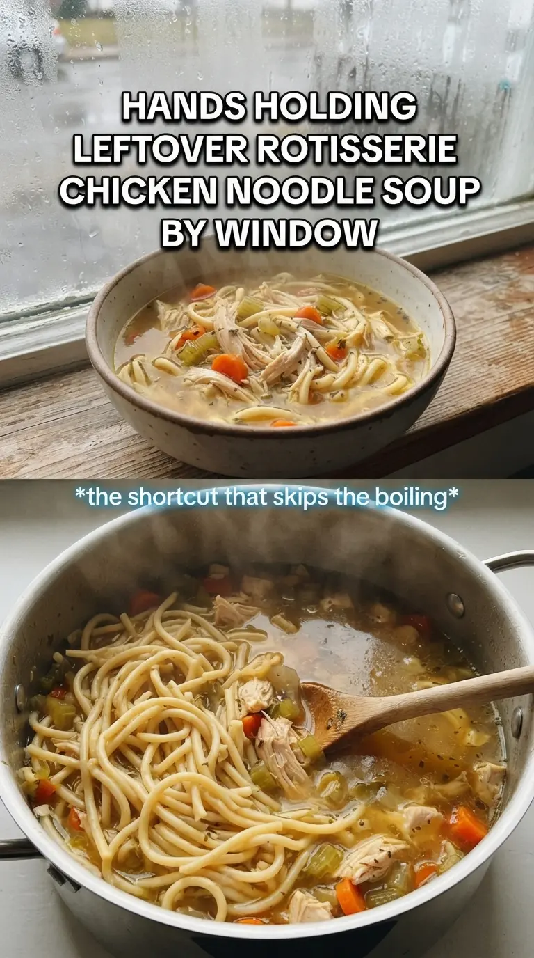 Leftover Rotisserie Chicken Noodle Soup, golden broth, comforting
